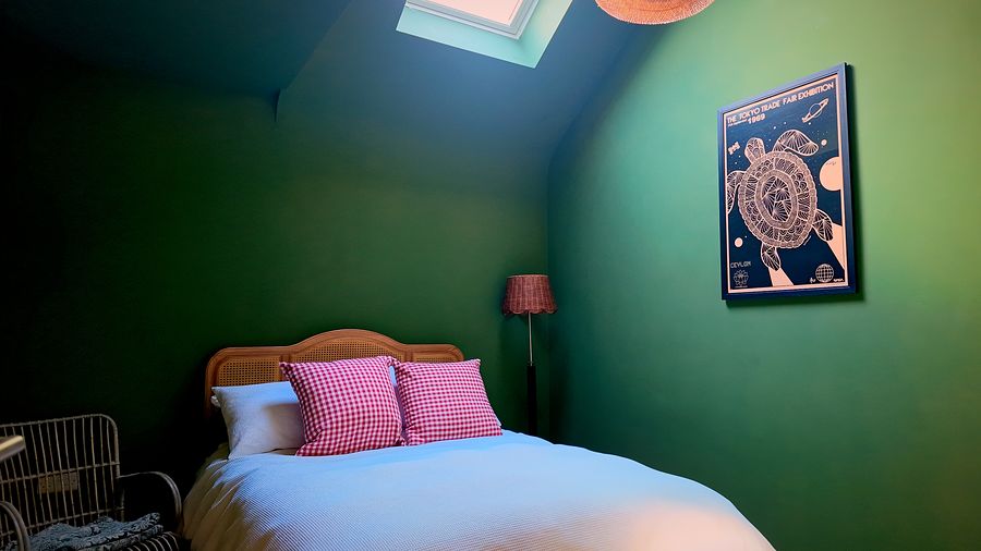 Bedroom in the roof with green walls and a rooflight