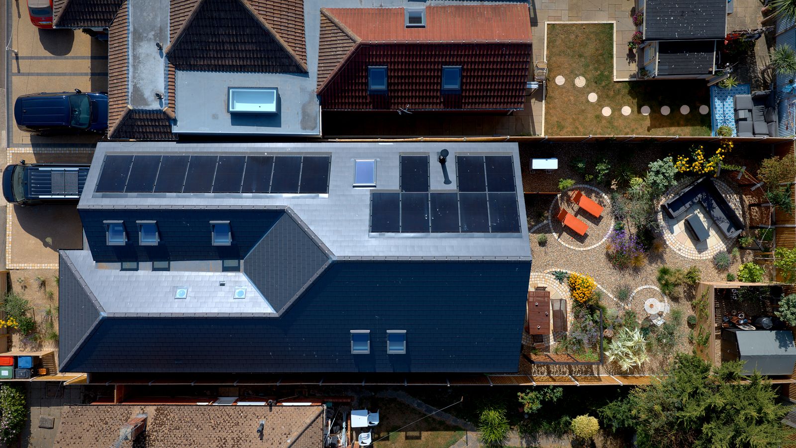 Aerial view of the house, roof and rear garden