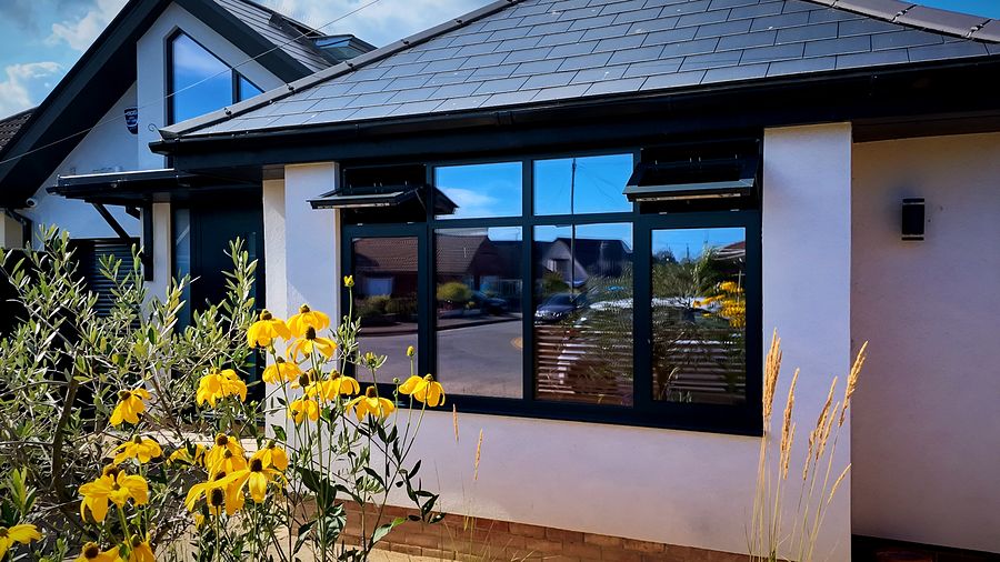 Anthracite bay window behind yellow flowering plants